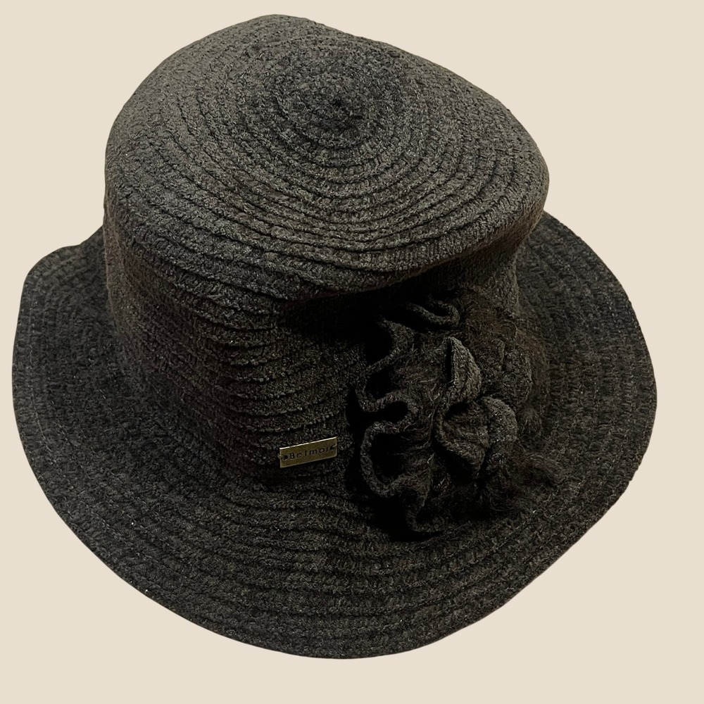 Betmar New York Chocolate Brown Textured Cloche Bucket Hat with Floral Rosette